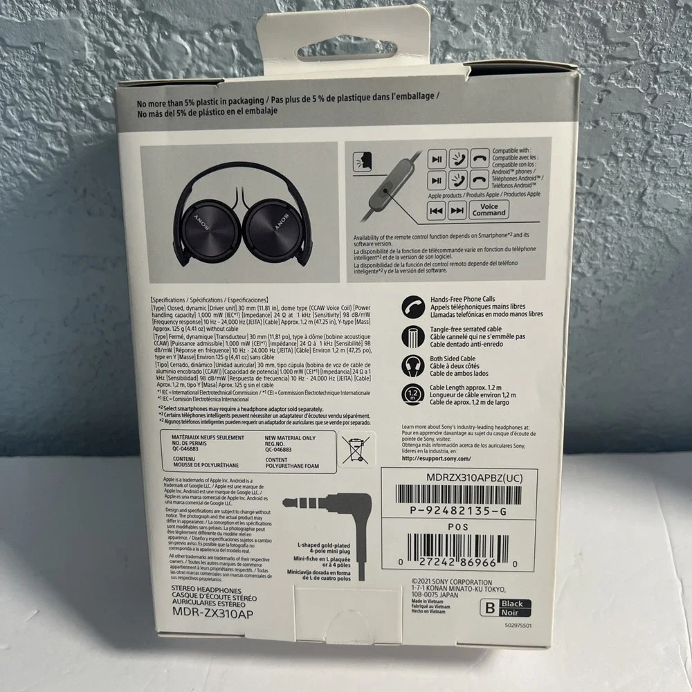 NEW Sony MDR-ZX110AP On-Ear Wired Headphones w In-Line Mic Black